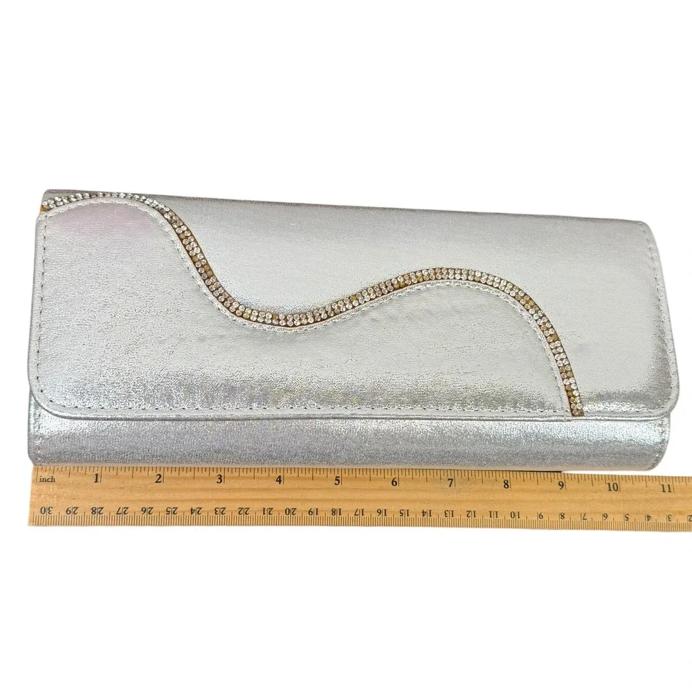 Silver Satin‎ Clutch Purse Womens Small Rhinestone Trim Chain Strap Evening Bag